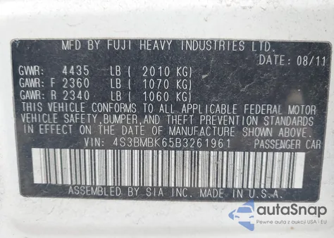 2011 Subaru Legacy 2.5I Limited z USA, uszkodzony, nr VIN 4S3BMBK65B3261961